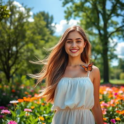 A beautiful young woman with long flowing hair and a bright smile, standing in a lush green garden surrounded by colorful flowers
