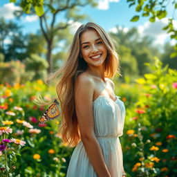 A beautiful young woman with long flowing hair and a bright smile, standing in a lush green garden surrounded by colorful flowers