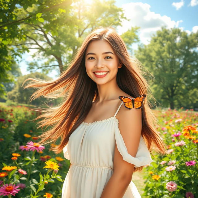 A beautiful young woman with long flowing hair and a bright smile, standing in a lush green garden surrounded by colorful flowers