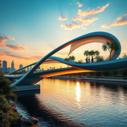 An architectural concept of a futuristic bridge spanning across a tranquil river, showcasing a unique and innovative design with sleek modern lines and eco-friendly materials