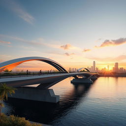 An architectural concept of a futuristic bridge spanning across a tranquil river, showcasing a unique and innovative design with sleek modern lines and eco-friendly materials