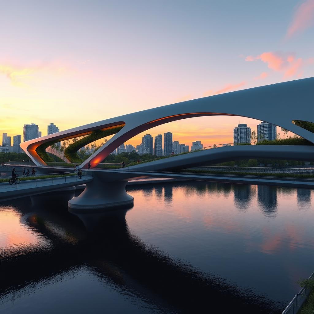 An architectural concept of a futuristic bridge spanning across a tranquil river, showcasing a unique and innovative design with sleek modern lines and eco-friendly materials