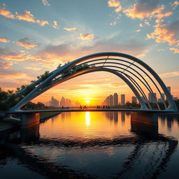 An architectural concept of a futuristic bridge spanning across a tranquil river, showcasing a unique and innovative design with sleek modern lines and eco-friendly materials