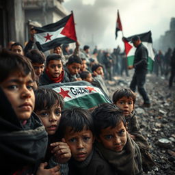 A poignant and emotional scene depicting the tragedy in Gaza, showcasing the struggle of innocent children seeking shelter amidst the chaos of bombings