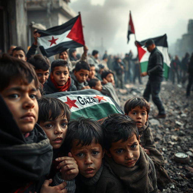 A poignant and emotional scene depicting the tragedy in Gaza, showcasing the struggle of innocent children seeking shelter amidst the chaos of bombings