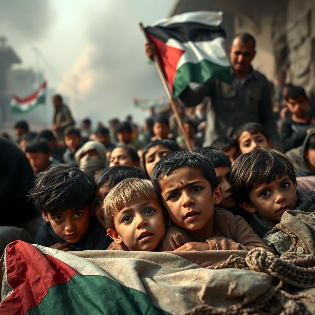 A poignant and emotional scene depicting the tragedy in Gaza, showcasing the struggle of innocent children seeking shelter amidst the chaos of bombings