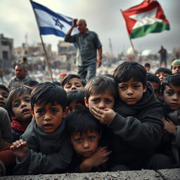 A poignant and emotional scene depicting the tragedy in Gaza, showcasing the struggle of innocent children seeking shelter amidst the chaos of bombings