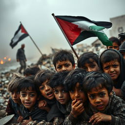 A poignant and emotional scene depicting the tragedy in Gaza, showcasing the struggle of innocent children seeking shelter amidst the chaos of bombings