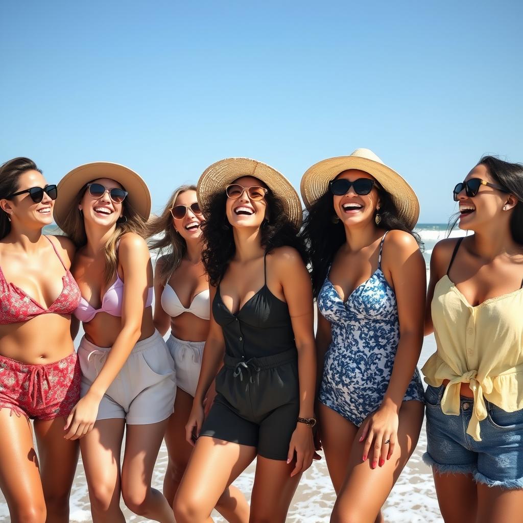 A dynamic and vibrant scene featuring a diverse group of attractive women of different ethnicities, dressed in trendy summer outfits