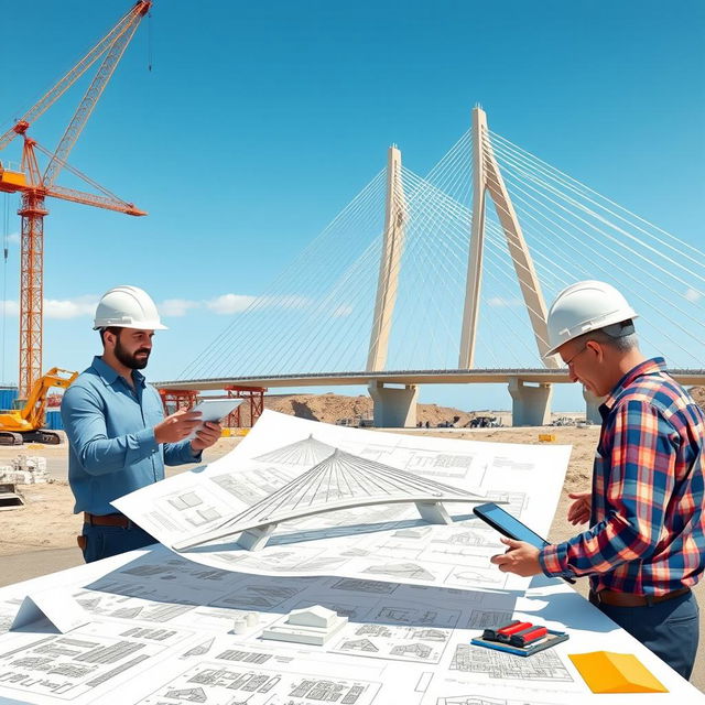 A highly detailed and realistic illustration of a modern bridge design project in an engineering setting