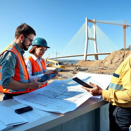 A highly detailed and realistic illustration of a modern bridge design project in an engineering setting