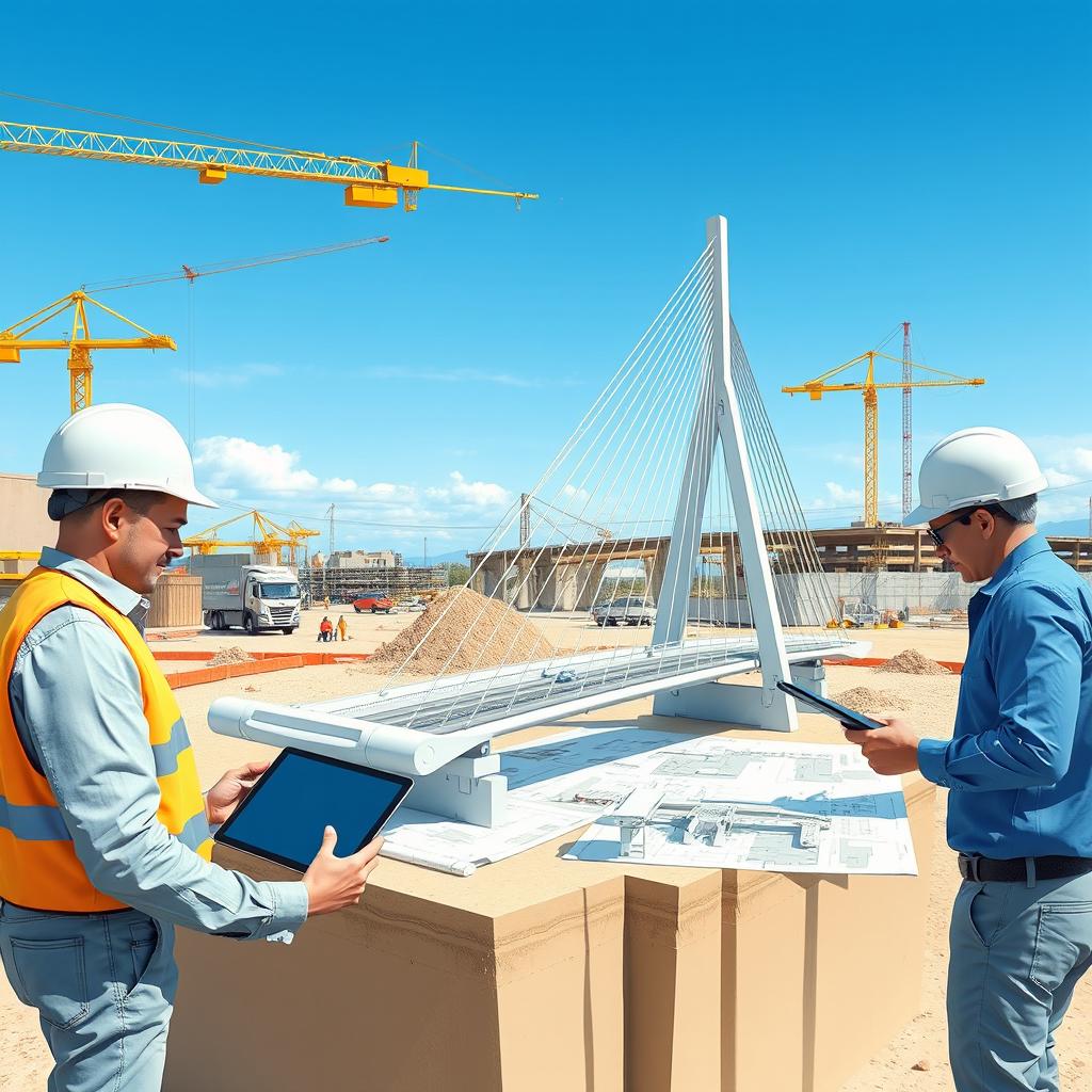 A highly detailed and realistic illustration of a modern bridge design project in an engineering setting
