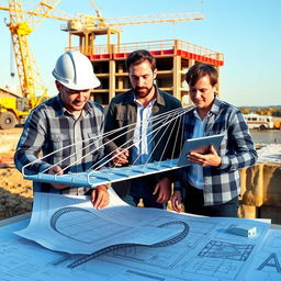 A highly detailed and realistic illustration of a modern bridge design project in an engineering setting