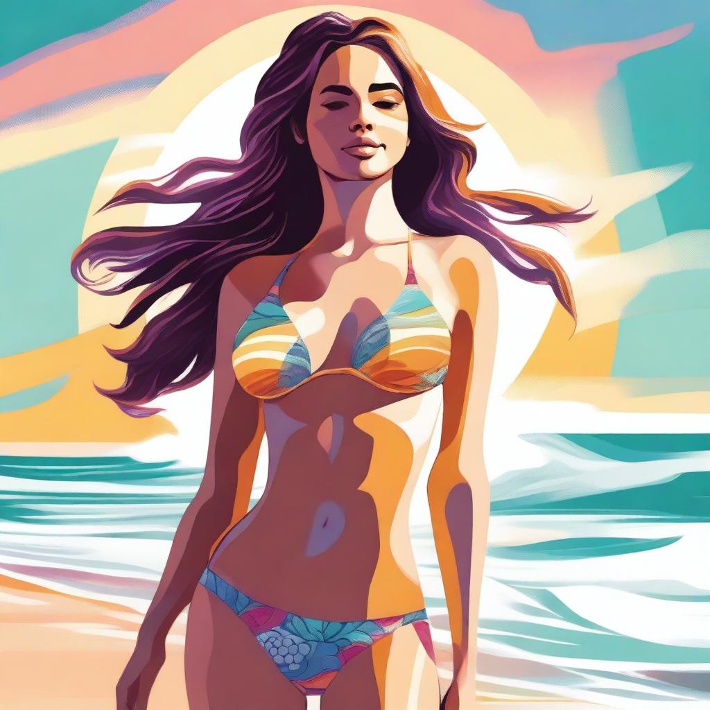 An image of a young woman in a bikini, standing on a beach with the waves gently lapping at her feet