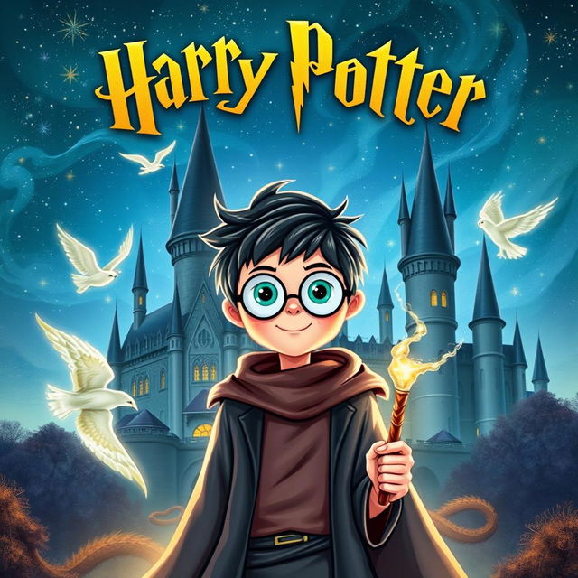A whimsical and magical book cover for a fantasy novel inspired by the Harry Potter series, featuring a young wizard with round glasses and a lightning bolt scar on his forehead
