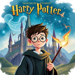 A whimsical and magical book cover for a fantasy novel inspired by the Harry Potter series, featuring a young wizard with round glasses and a lightning bolt scar on his forehead