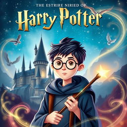 A whimsical and magical book cover for a fantasy novel inspired by the Harry Potter series, featuring a young wizard with round glasses and a lightning bolt scar on his forehead