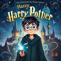 A whimsical and magical book cover for a fantasy novel inspired by the Harry Potter series, featuring a young wizard with round glasses and a lightning bolt scar on his forehead