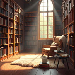 An engaging introduction scene depicting a warm and inviting library