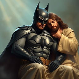 An imaginative scene featuring Batman, dressed in his iconic dark costume with the bat symbol on his chest, sitting on the lap of Jesus Christ
