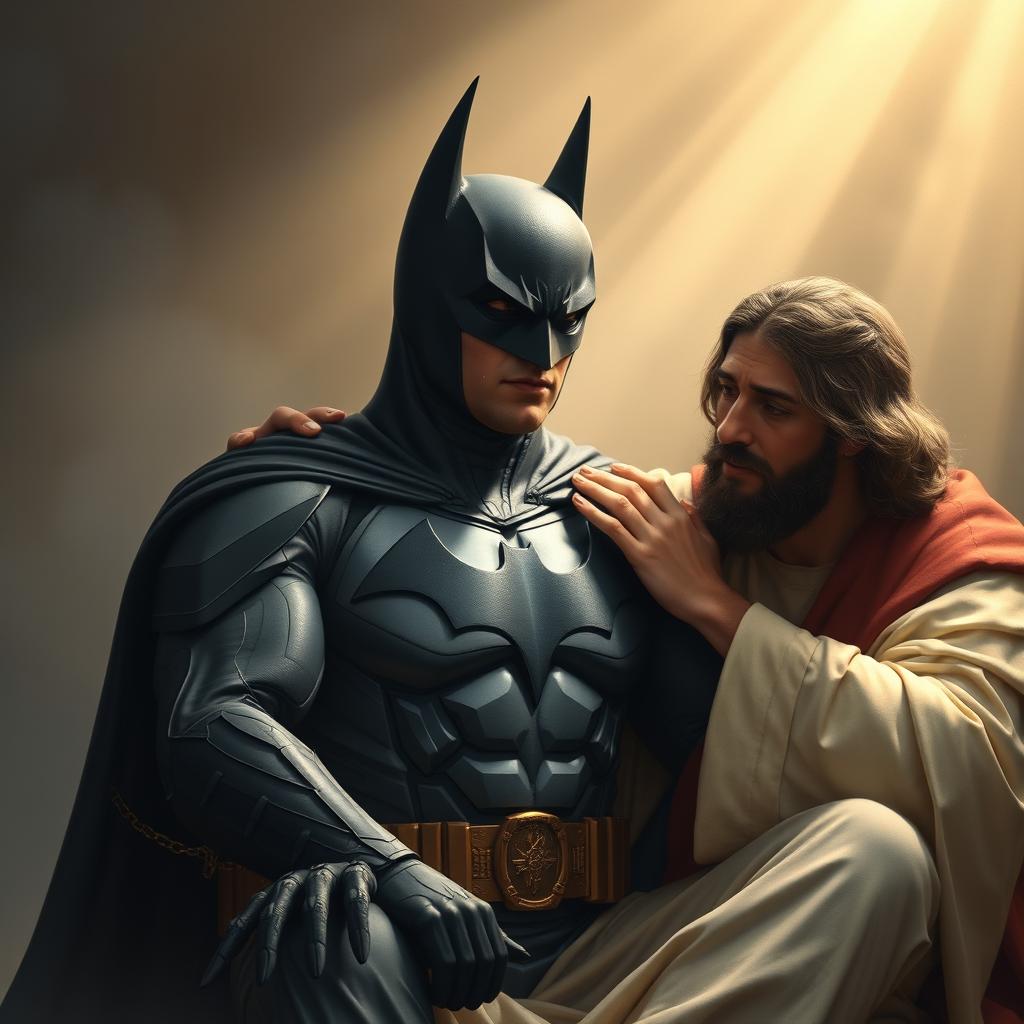 An imaginative scene featuring Batman, dressed in his iconic dark costume with the bat symbol on his chest, sitting on the lap of Jesus Christ