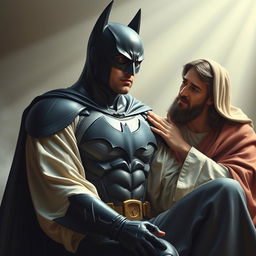 An imaginative scene featuring Batman, dressed in his iconic dark costume with the bat symbol on his chest, sitting on the lap of Jesus Christ