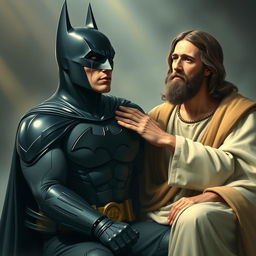 An imaginative scene featuring Batman, dressed in his iconic dark costume with the bat symbol on his chest, sitting on the lap of Jesus Christ