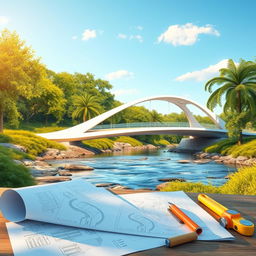 A visually appealing architectural rendering of a modern bridge design project