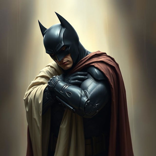 A dramatic and emotional scene depicting Batman, wearing his iconic dark costume, shedding tears while being embraced by the arms of Jesus Christ