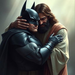 A dramatic and emotional scene depicting Batman, wearing his iconic dark costume, shedding tears while being embraced by the arms of Jesus Christ