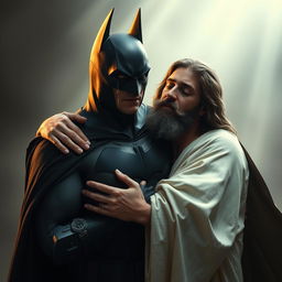 A dramatic and emotional scene depicting Batman, wearing his iconic dark costume, shedding tears while being embraced by the arms of Jesus Christ
