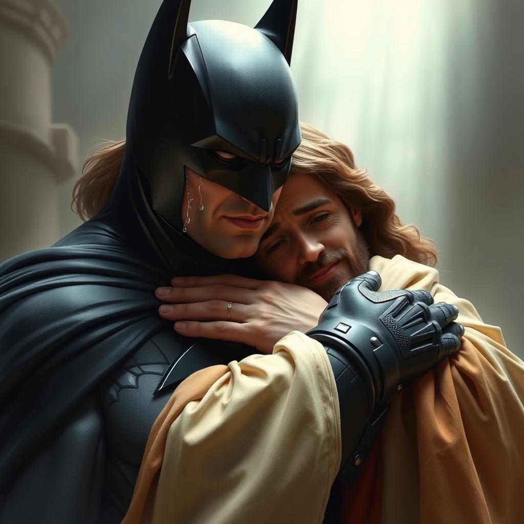 A dramatic and emotional scene depicting Batman, wearing his iconic dark costume, shedding tears while being embraced by the arms of Jesus Christ