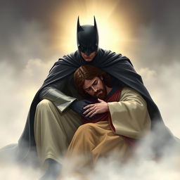 A poignant scene depicting Batman, dressed in his iconic black suit and cape, sitting on the lap of Jesus Christ