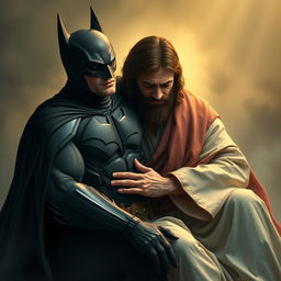 A poignant scene depicting Batman, dressed in his iconic black suit and cape, sitting on the lap of Jesus Christ