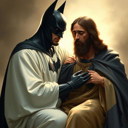 A poignant scene depicting Batman, dressed in his iconic black suit and cape, sitting on the lap of Jesus Christ