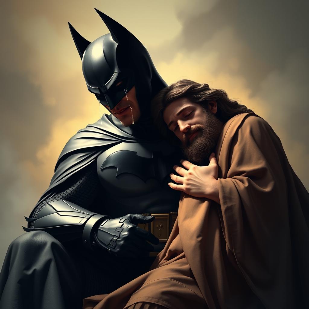 A poignant scene depicting Batman, dressed in his iconic black suit and cape, sitting on the lap of Jesus Christ