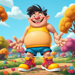 A massive, over-the-top cartoon character with exaggerated proportions, embodying humor and playfulness