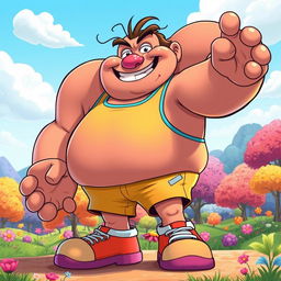 A massive, over-the-top cartoon character with exaggerated proportions, embodying humor and playfulness