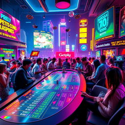 A vibrant neon-themed betting scene, filled with bright and colorful neon lights