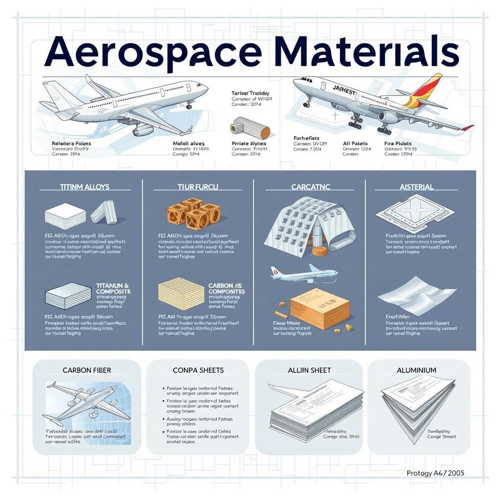 An educational infographic illustrating various aerospace materials used in aircraft construction, including titanium alloys, thermoplastics, carbon composite materials, aluminum, and more