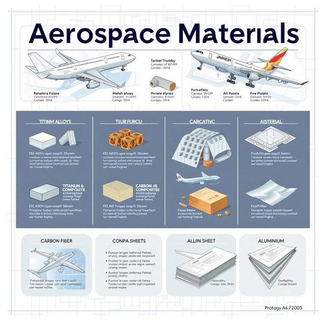An educational infographic illustrating various aerospace materials used in aircraft construction, including titanium alloys, thermoplastics, carbon composite materials, aluminum, and more