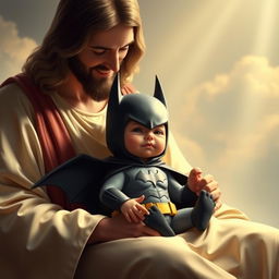 A baby version of Batman, dressed in a tiny bat costume with a hood and cape, sitting on the lap of Jesus Christ