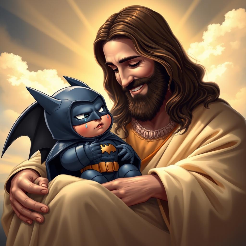 A baby version of Batman, dressed in a tiny bat costume with a hood and cape, sitting on the lap of Jesus Christ