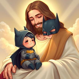 A baby version of Batman, dressed in a tiny bat costume with a hood and cape, sitting on the lap of Jesus Christ