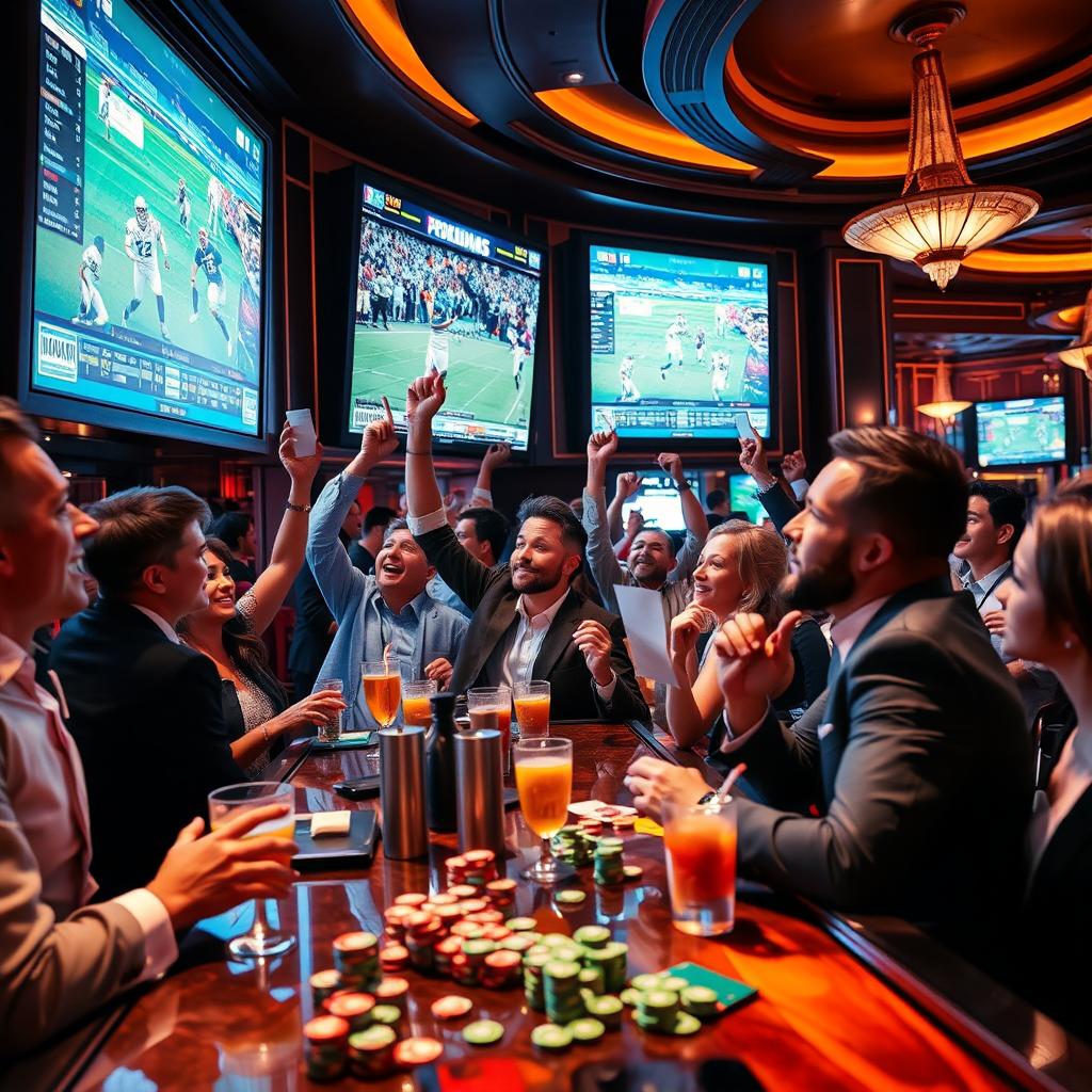 A vivid and dynamic scene capturing the excitement of sports betting in a luxurious casino environment