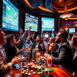 A vivid and dynamic scene capturing the excitement of sports betting in a luxurious casino environment