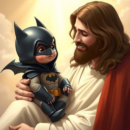 A baby version of Batman, dressed in a tiny bat costume with a hood and cape, sitting on the lap of Jesus Christ
