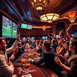 A vivid and dynamic scene capturing the excitement of sports betting in a luxurious casino environment