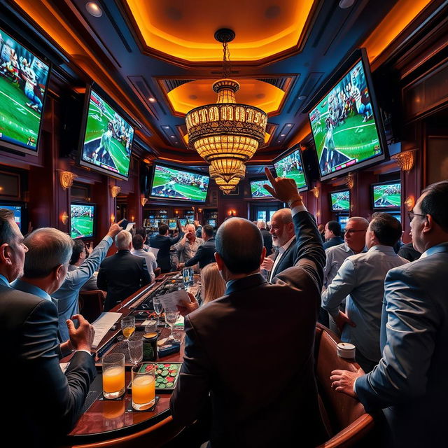 A vivid and dynamic scene capturing the excitement of sports betting in a luxurious casino environment