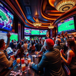 A vivid and dynamic scene capturing the excitement of sports betting in a luxurious casino environment